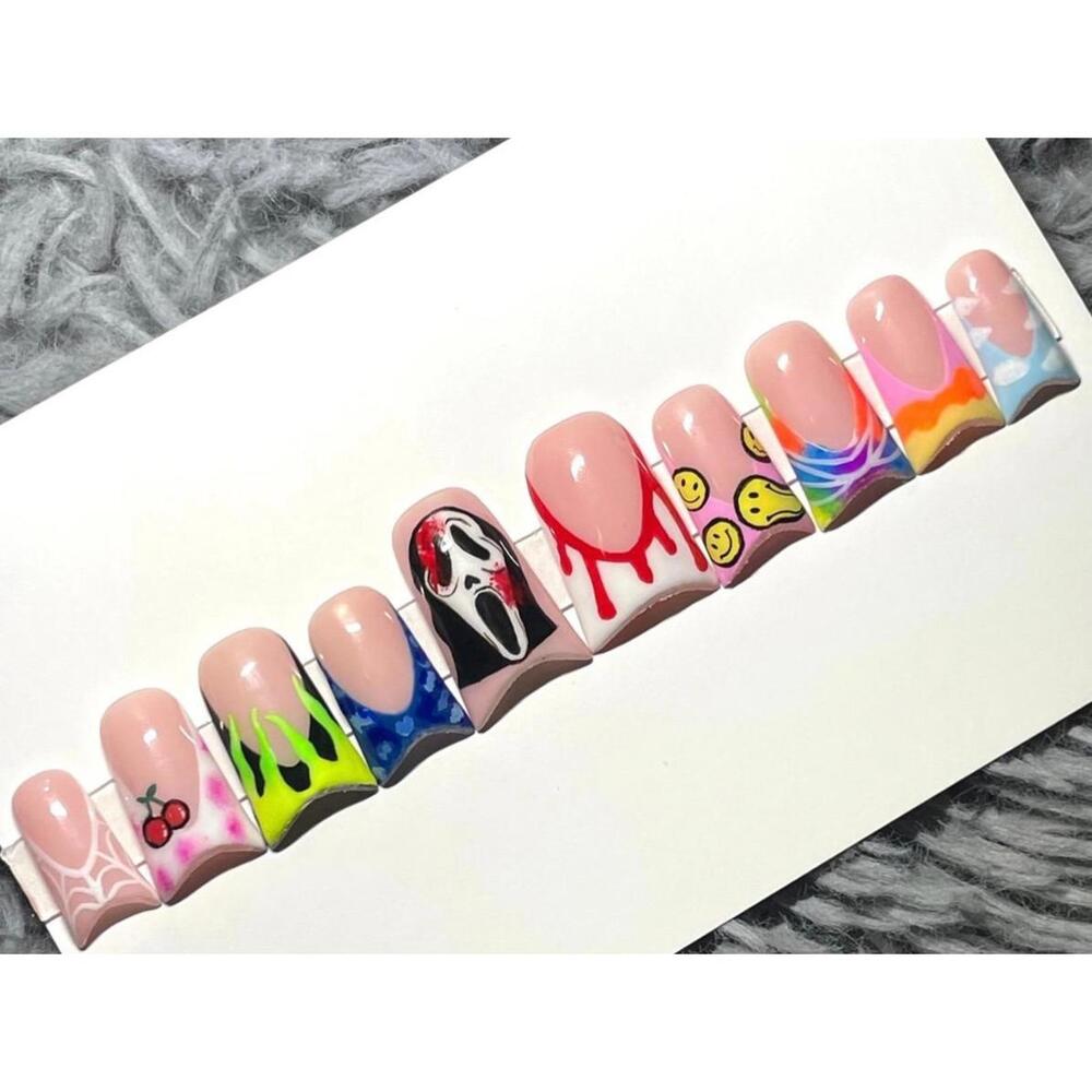 Medium duck nails Halloween press on nails French tips nail art hand drawn